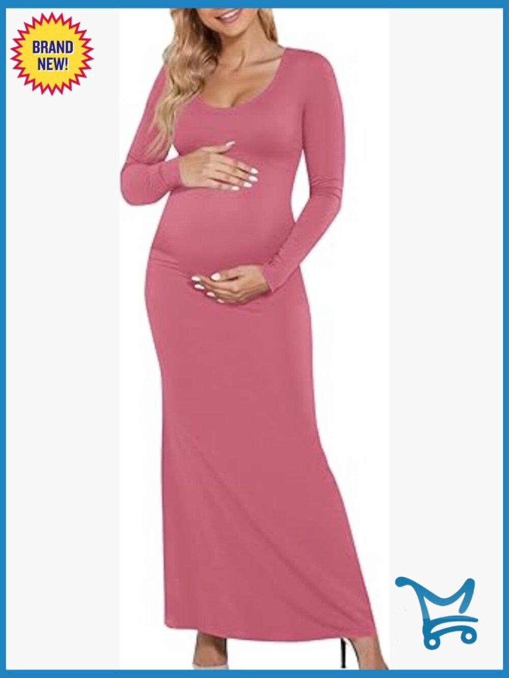 Scoop Neck Maternity Maxi Dress Long Sleeve Split Slim Fit
